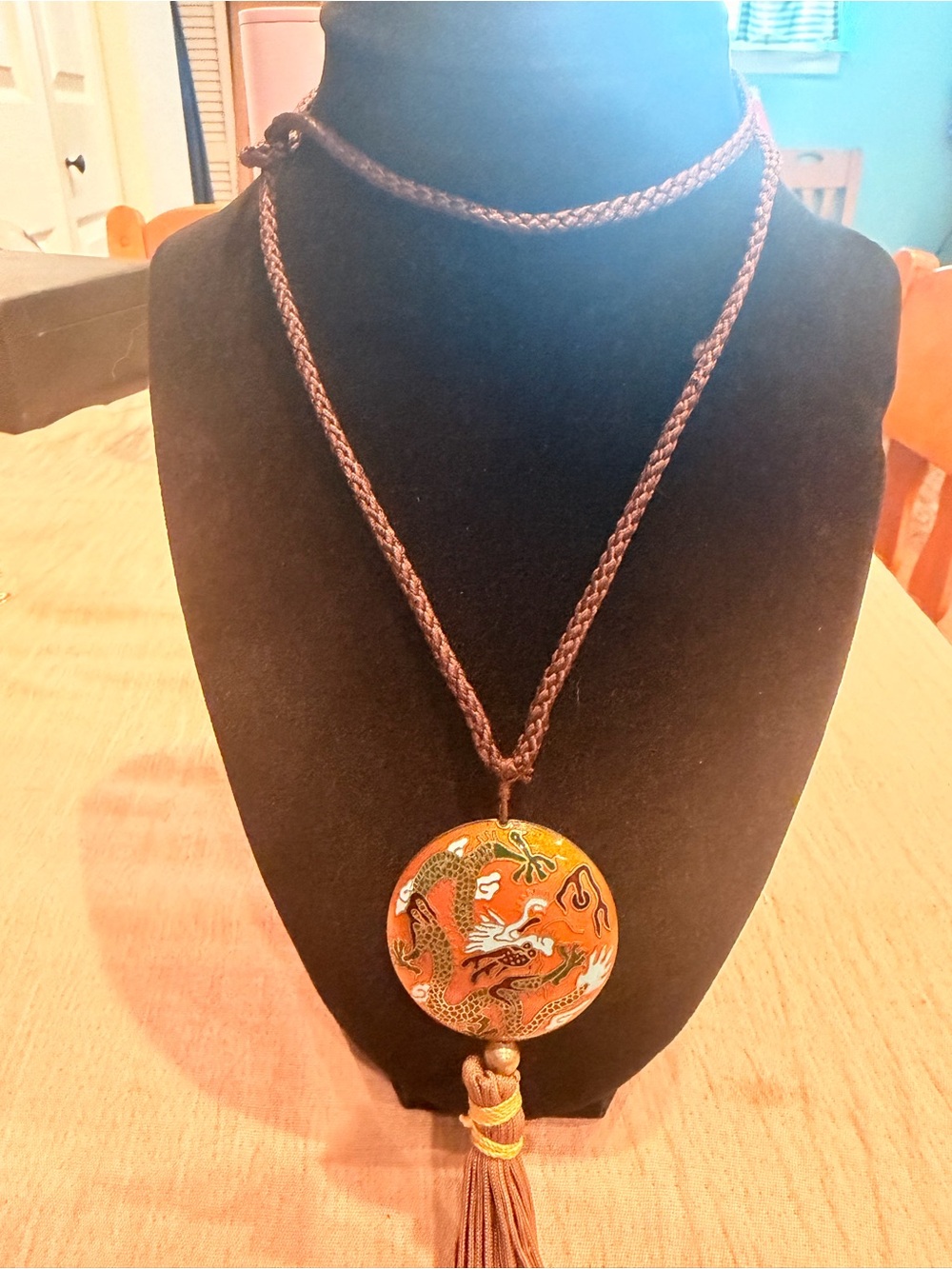 Orange Dragon Cloisonné Pendant Necklace with Brown Cord